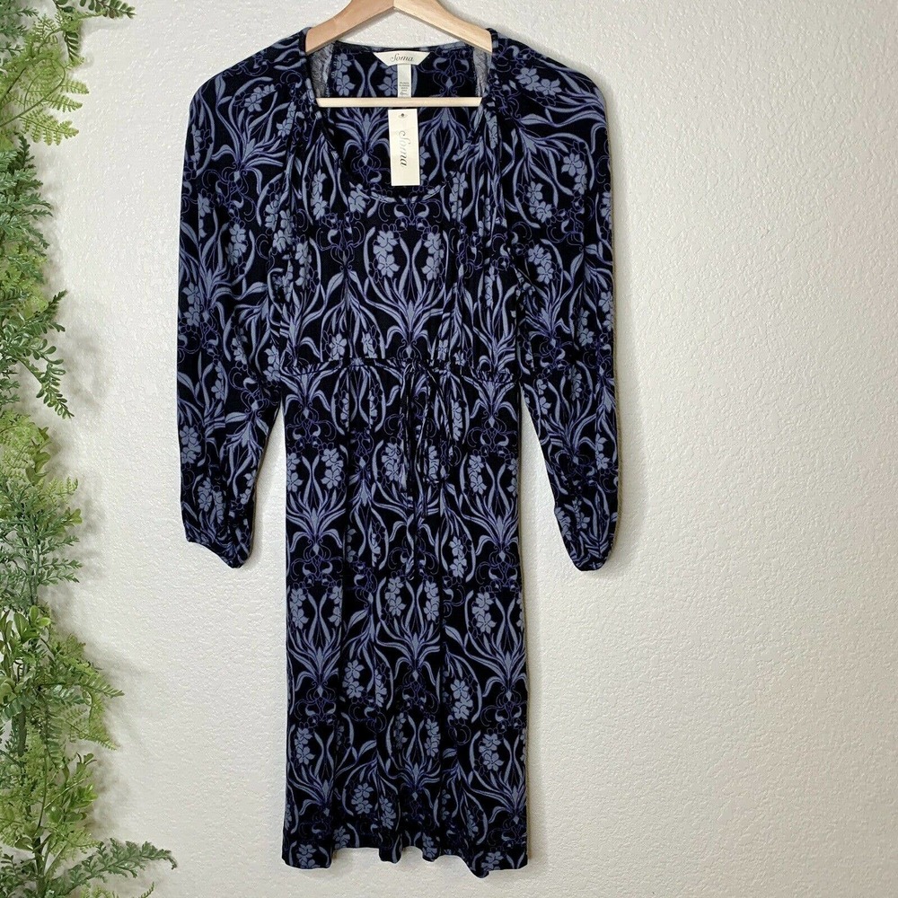 🌳 NWT Soma 3/4 Flyaway Dress Blue Galore Print XS